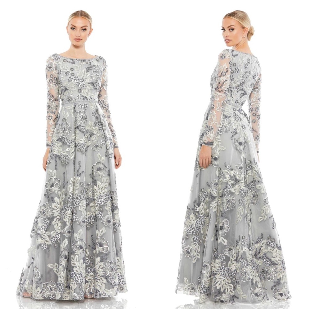 Mac Duggal Floral Embellished Illusion Sleeve A-Line Gown Platinum 11185